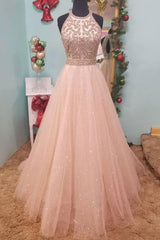 Tulle Prom Dress Crew Neck Sequin Long Champagne Evening Dress