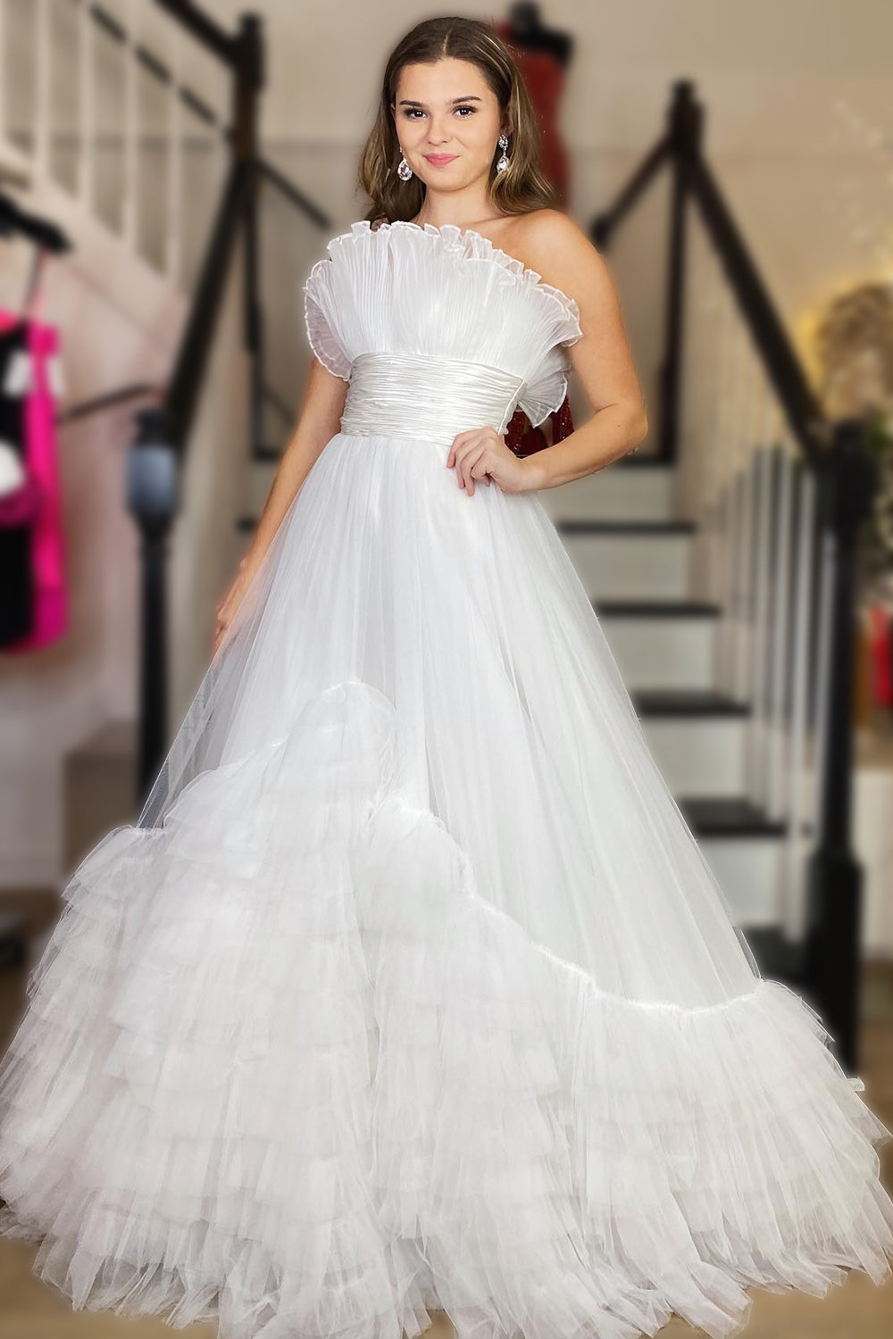 Tulle Strapless Ivory Prom Dress Long Evening Dress