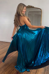 Turquoise Halter Prom Dress Cut Out Backless Metallic Long Evening Dress with Slit