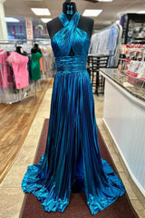 Turquoise Halter Prom Dress Cut Out Backless Metallic Long Evening Dress with Slit