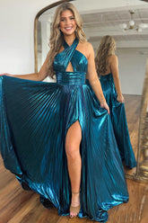 Turquoise Halter Prom Dress Cut Out Backless Metallic Long Evening Dress with Slit