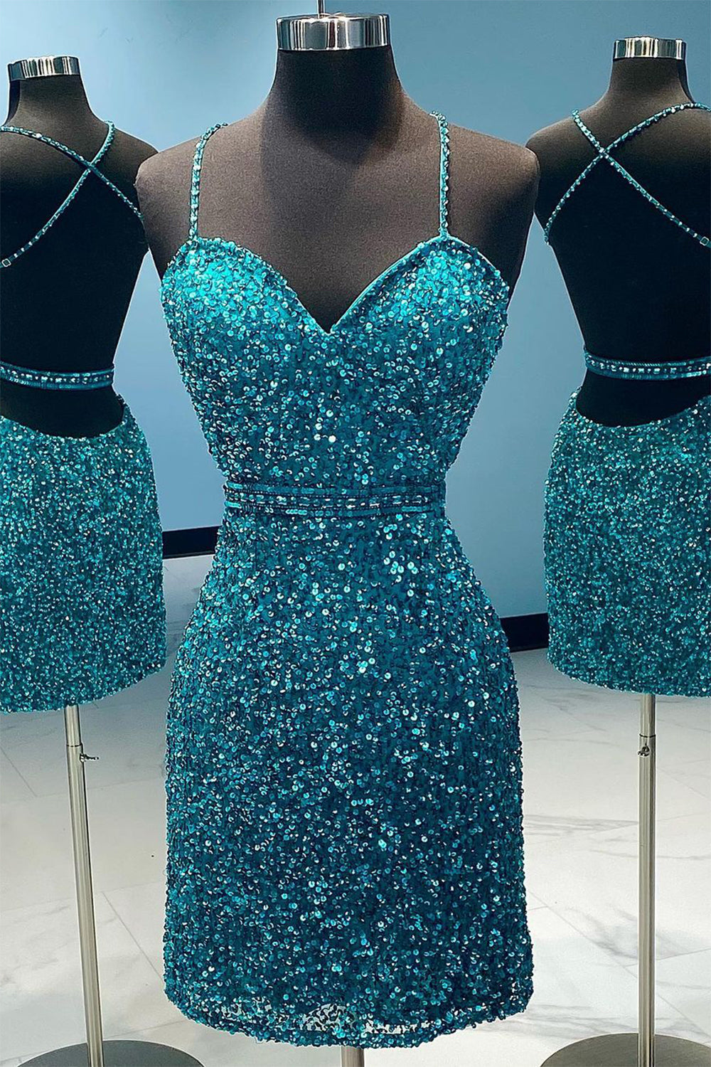 Turquoise Homecoming Dresses Spaghetti Straps Sequin Cocktail Dresses