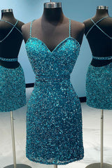 Turquoise Homecoming Dresses Spaghetti Straps Sequin Cocktail Dresses