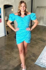 Turquoise Tight Homecoming Dresses Ruched Short Cocktail Dresses With Sleeves