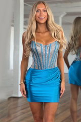 Turquoise Tight Homecoming Dresses Satin Short Corset Cocktail Dresses With Beading