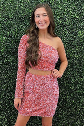 Two Piece Blush Homecoming Dresses Sequin One Shoulder Tight Cocktail Dresses