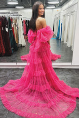Two Piece Prom Dress Puff Sleeves Ruffle Glitter Tulle Evening Dress with Split