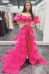 Two Piece Prom Dress Puff Sleeves Ruffle Glitter Tulle Evening Dress with Split