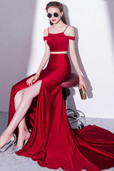 Two Piece Prom Dress Satin Burgundy Long Party Dress Evening Dress