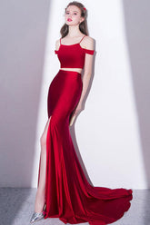 Two Piece Prom Dress Satin Burgundy Long Party Dress Evening Dress