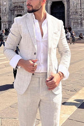 Two-Piece Solid Colored Linen Suits For Men Tailored Fit With Single Breasted Two-Button Design
