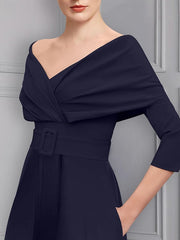 Long-Sleeve Scoop Neck Pantsuit for the Mother of the Bride Featuring a Belt