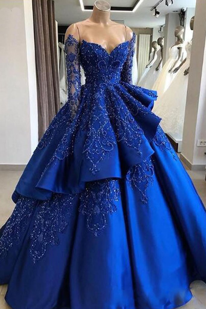 Unique Blue Prom Dress Lace Long Formal Gown Evening Dress