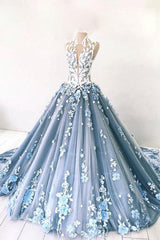 Unique Blue Prom Dress Tulle Lace Long Evening Dress