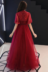 Unique Burgundy Prom Dress Tulle Lace Long Evening Dress