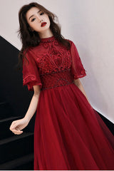Unique Burgundy Prom Dress Tulle Lace Long Evening Dress