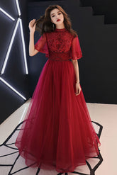 Unique Burgundy Prom Dress Tulle Lace Long Evening Dress