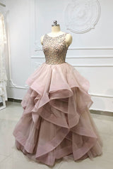 Unique Crew Neck Prom Dress Beaded Tulle Long Formal Gown Evening Dress