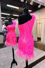 Unique Homecoming Dress Bodycon one shoulder Style Hot pink Sequin Lace Short Party Cocktail Dress