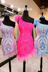Unique Homecoming Dress Bodycon one shoulder Style Hot pink Sequin Lace Short Party Cocktail Dress
