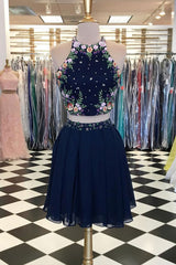 Unique Homecoming Dress Dark Blue Two Piece Cute Short Party Cocktail Dress