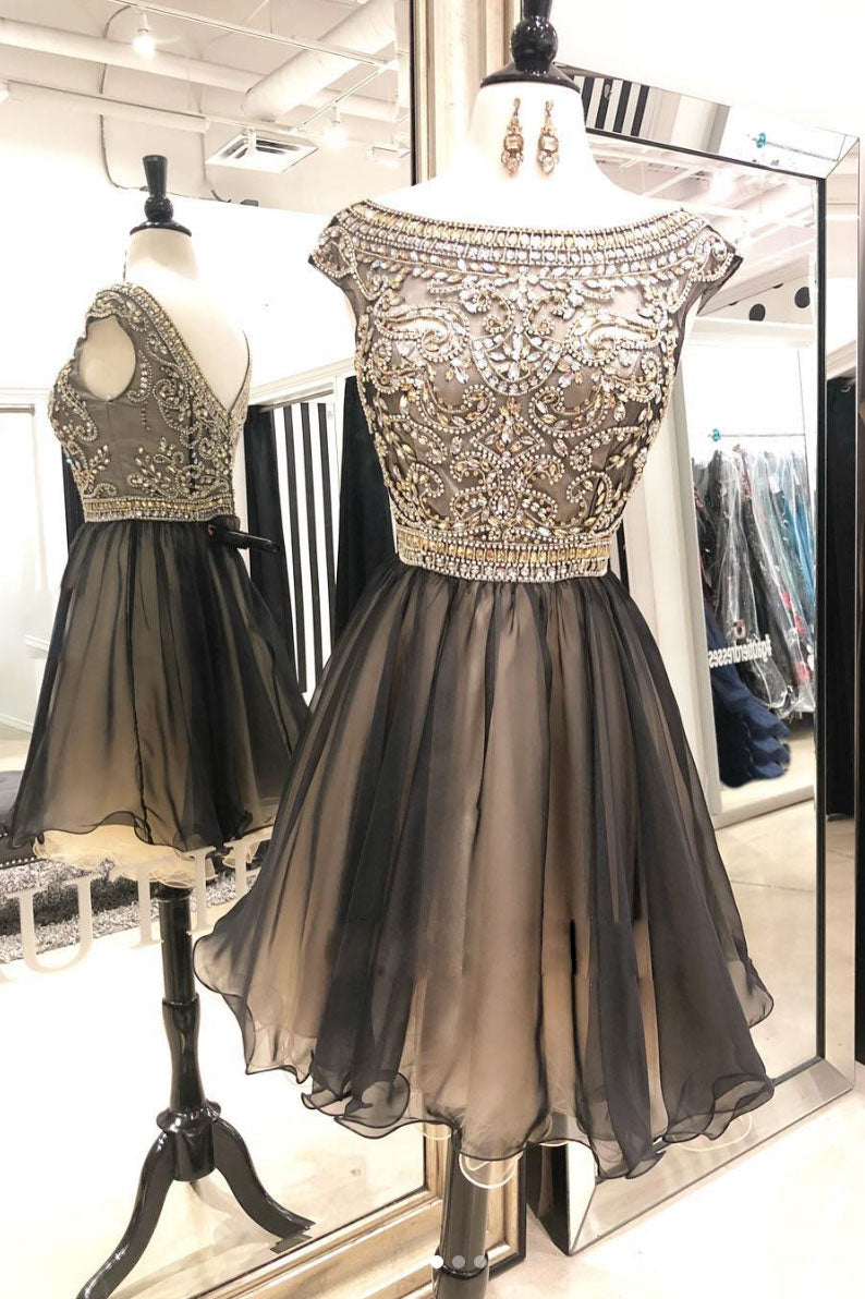 Unique Homecoming Dress Round Neck Beaded Tulle Short Party Cocktail Dress
