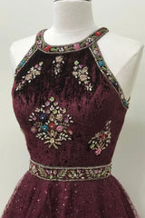 Unique Homecoming Dress Round Neck Tulle Beaded Burgundy Short Party Cocktail Dress