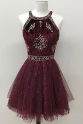 Unique Homecoming Dress Round Neck Tulle Beaded Burgundy Short Party Cocktail Dress