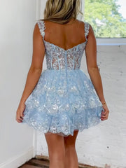 Unique Homecoming Dress V Neck Sequin Mini Blue Short Party Cocktail Dress
