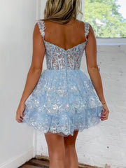 Unique Homecoming Dress V Neck Sequin Mini Blue Short Party Cocktail Dress