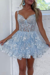 Unique Homecoming Dress V Neck Sequin Mini Blue Short Party Cocktail Dress