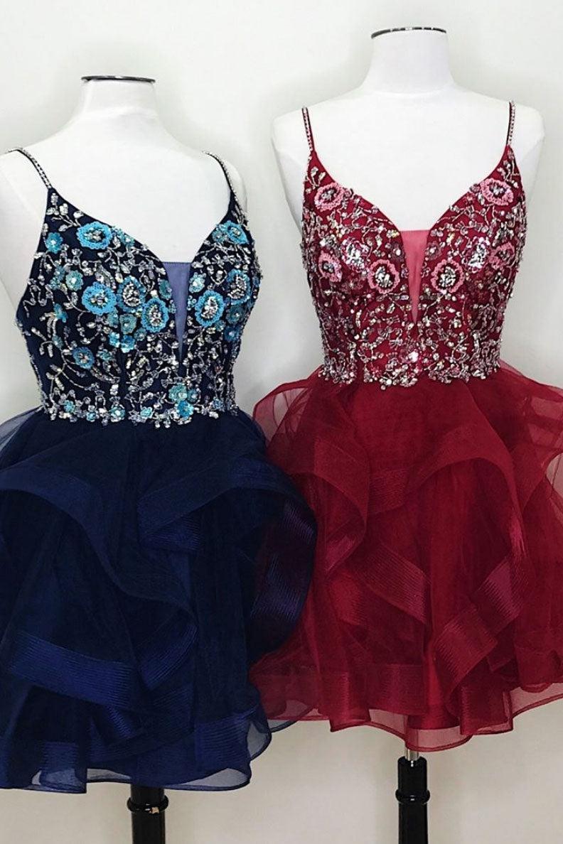 Unique Homecoming Dress V Neck Tulle Lace Short Party Cocktail Dress