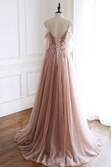 Unique Pink Prom Dress Tulle Lace Long Evening Dress