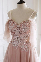 Unique Pink Prom Dress Tulle Lace Long Evening Dress
