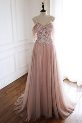 Unique Pink Prom Dress Tulle Lace Long Evening Dress