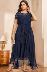 Unique Plus Size Mother of the Bride A-Line Dress with Scoop Neck Short Sleeves Bow Ruffles & Sequins