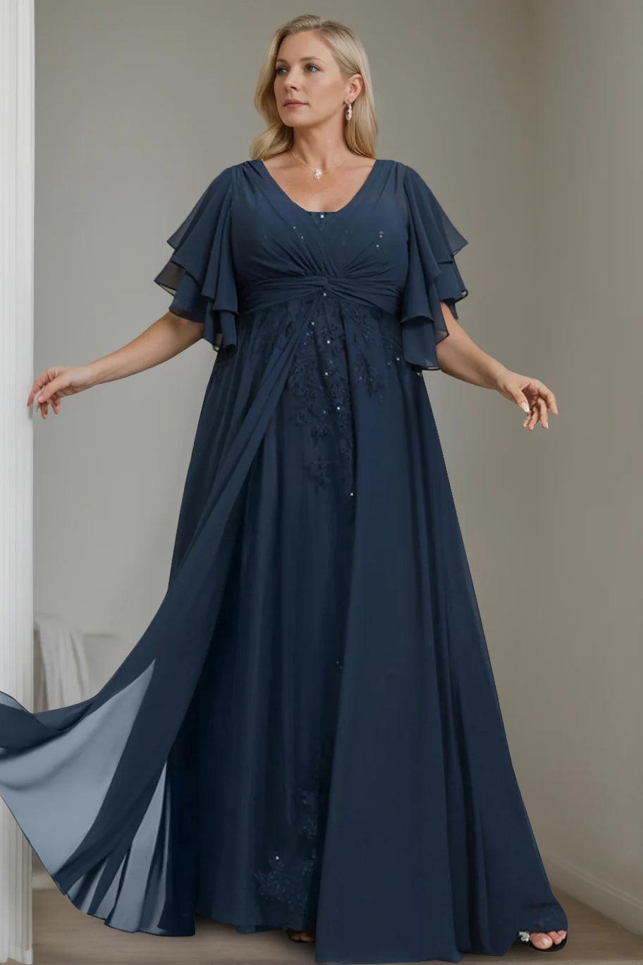 Unique Plus Size V-Neck A-Line Princess Floor-Length Mother of the Bride Dress with Sequins and Half Sleeve Ruffles
