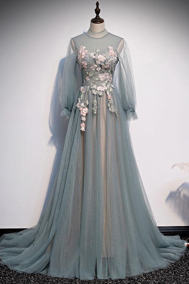 Unique Prom Dress A Line Tulle Lace Long Formal Dress Evening Dress
