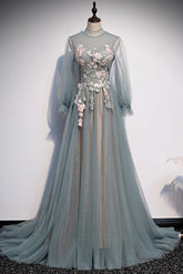 Unique Prom Dress A Line Tulle Lace Long Formal Dress Evening Dress