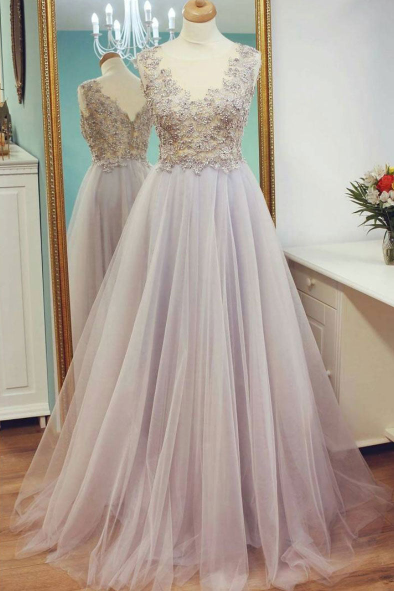 Unique Prom Dress Lace Tulle Long Evening Dress