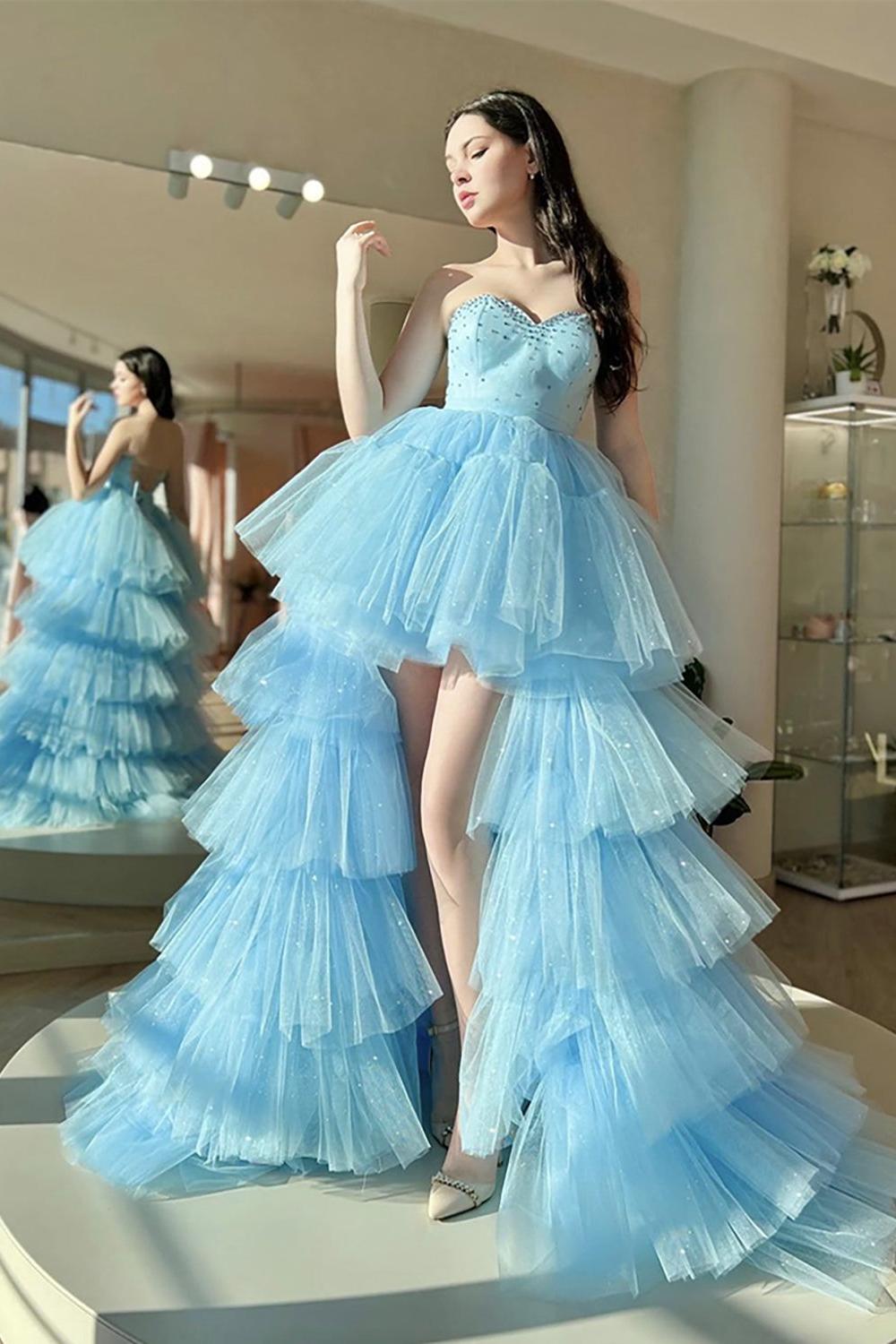 Unique Sweetheart Neck High Low Tulle Blue Prom Dress Formal Gown Evening Dress