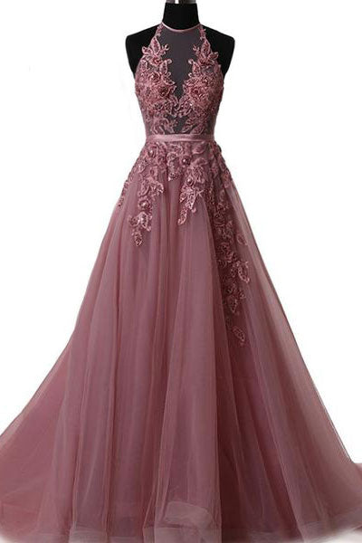 Unique Tulle Prom Dress Lace Appliques Long Formal Gown Evening Dress