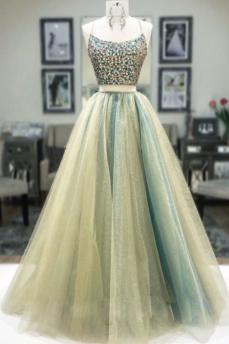 Unique Two Pieces Tulle Beaded Long Formal Gown Evening Dress