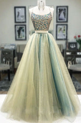 Unique Two Pieces Tulle Beaded Long Formal Gown Evening Dress
