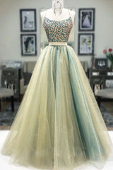 Unique Two Pieces Tulle Beaded Long Formal Gown Evening Dress