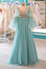 Unique V Neck Prom Dress Chiffon Lace Long Formal Gown Evening Dress