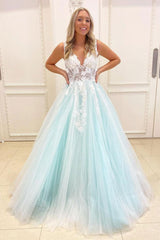 Unique V Neck Prom Dress Tulle Lace Green Long A Line Evening Dress