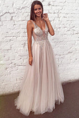 Unique V Neck Prom Dress Tulle Lace Long Formal Gown Evening Dress