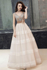 Unique V Neck Prom Dress Tulle Lace Long Formal Gown Evening Dress