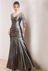 Unique V-Neck Trumpet/Mermaid Mother of the Bride Dress with 3/4 Sleeves Floor-Length Design Appliques & Ruching